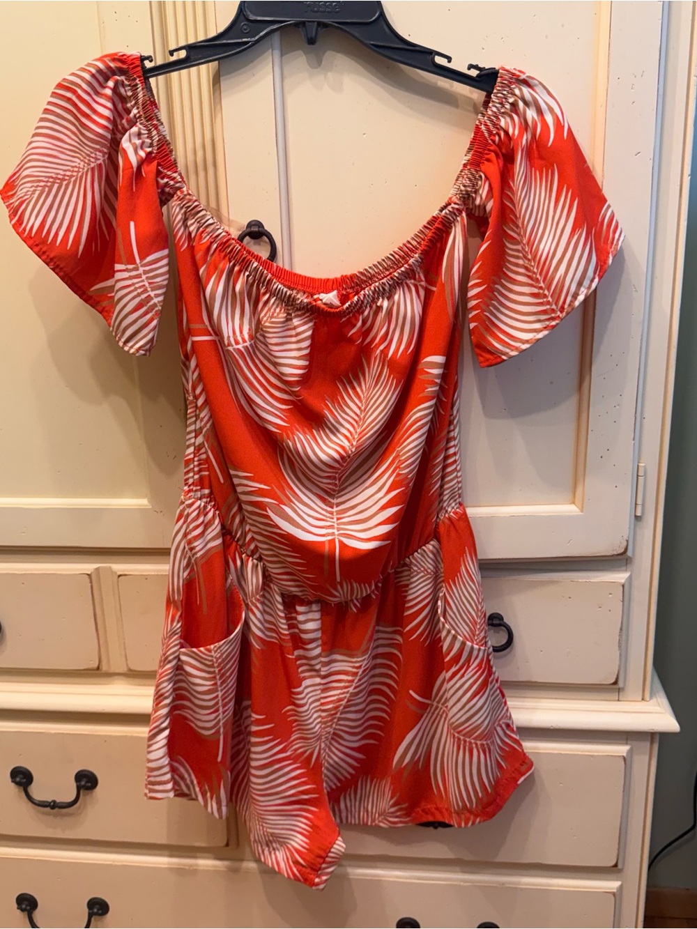 Tyche Orange Palm-Print Off-Shoulder Romper